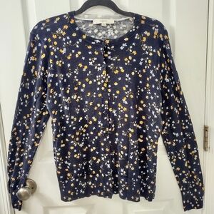 Loft Natural Fibers Cotton Ditsy Floral Navy Button Down Cardigan Sweater Size L